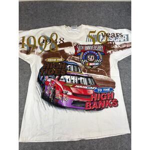 VINTAGE 1998 NASCAR 50th Anniversary Shirt Mens XL White Chase Race USA Tee AOP